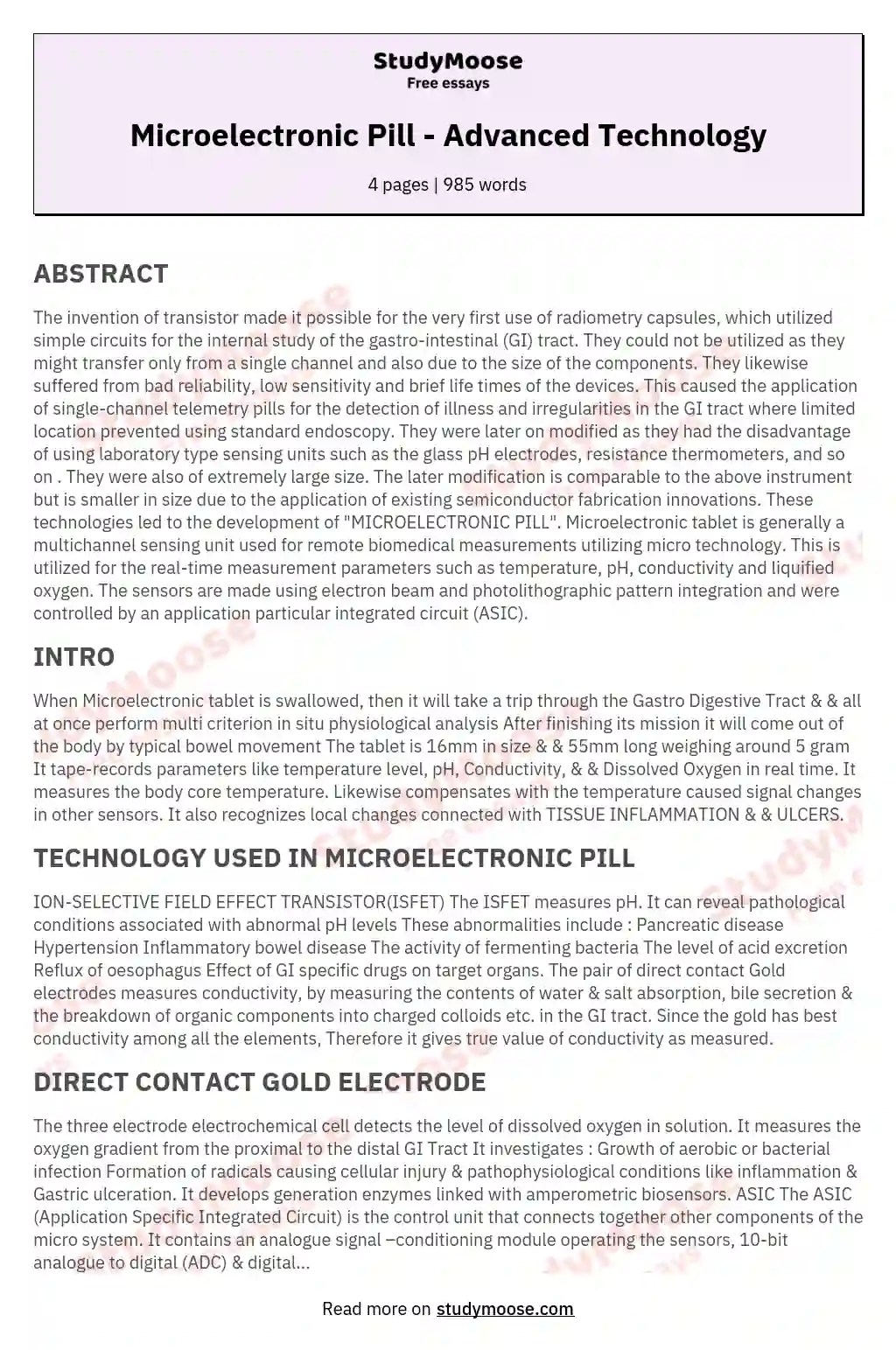 Microelectronic Pill Advanced Technology Free Essay Example