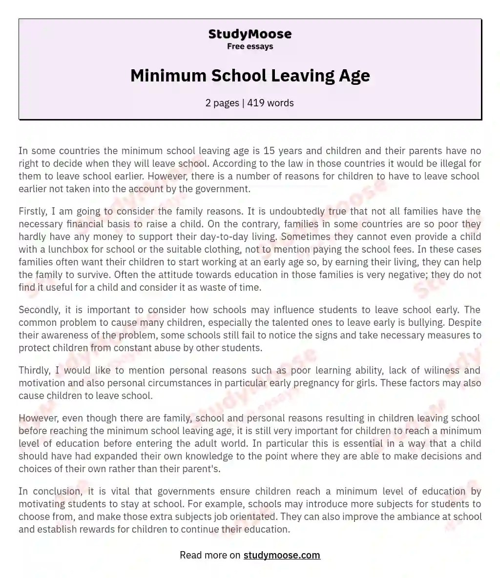 Minimum School Leaving Age Free Essay Example