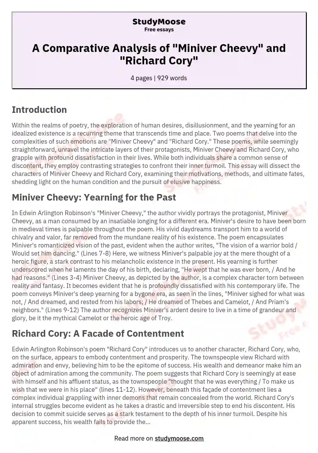 A Comparative Analysis of "Miniver Cheevy" and "Richard Cory" Free