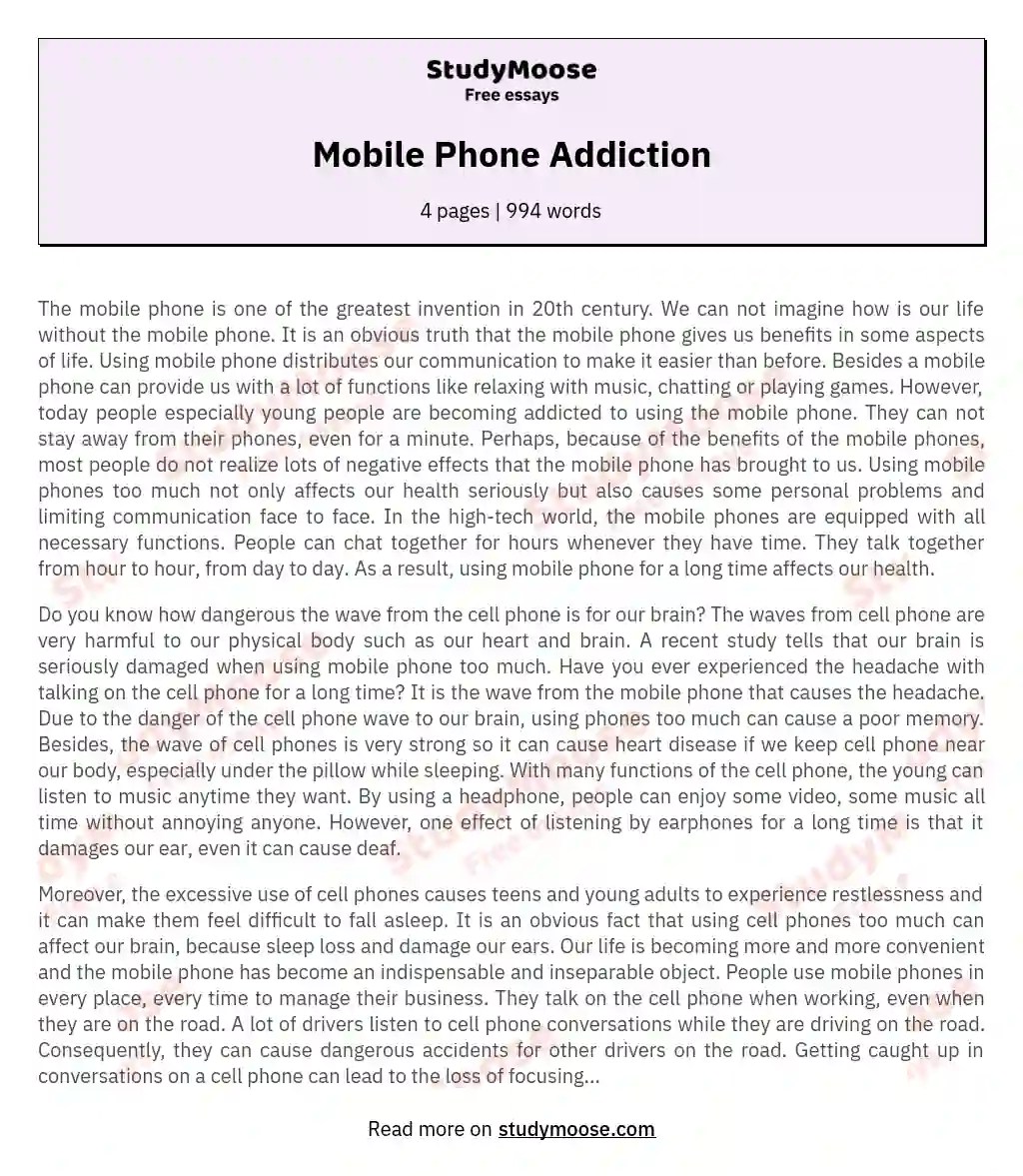 Mobile Phone Addiction Free Essay Example