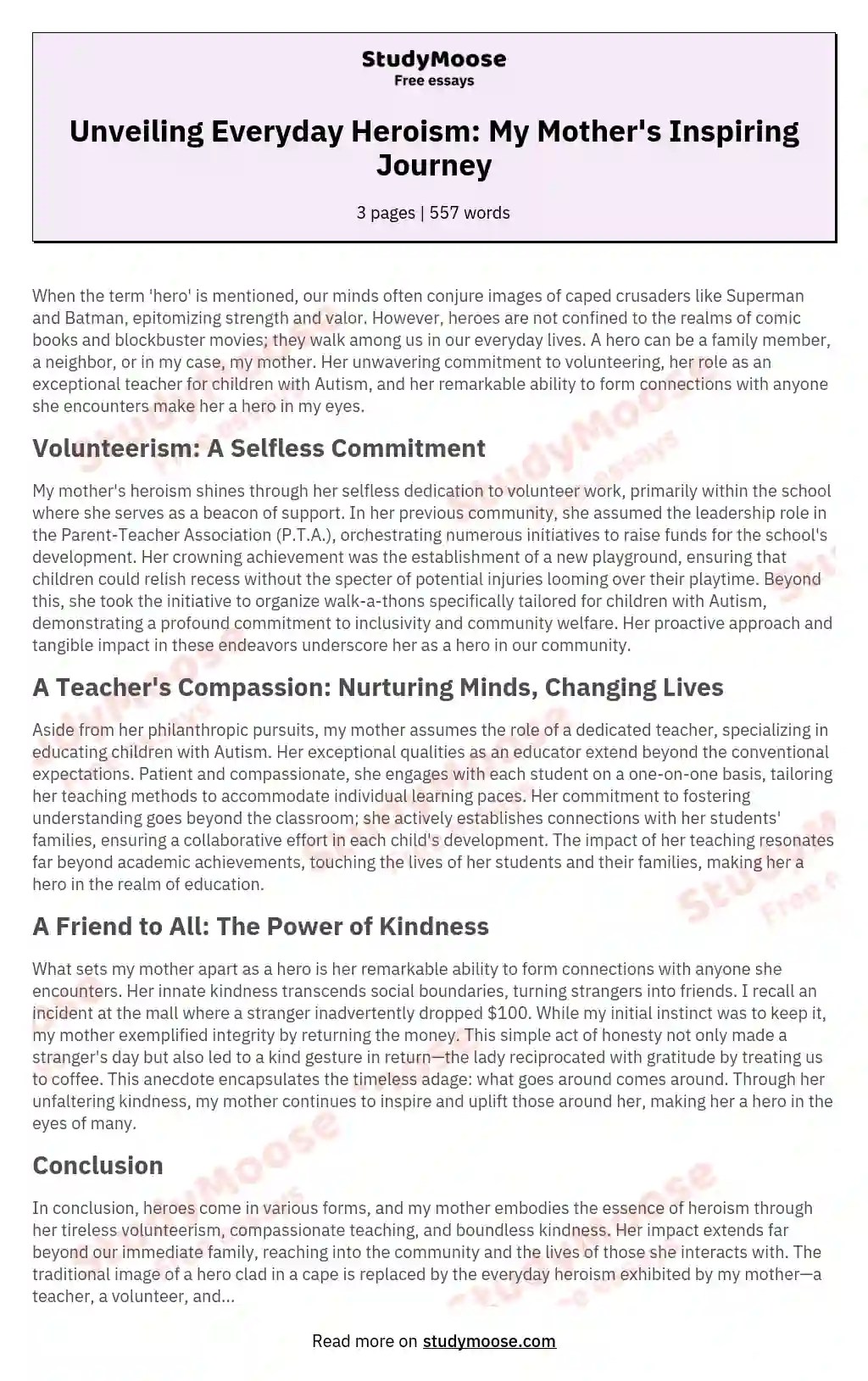 Unveiling Everyday Heroism My Mother's Inspiring Journey Free Essay