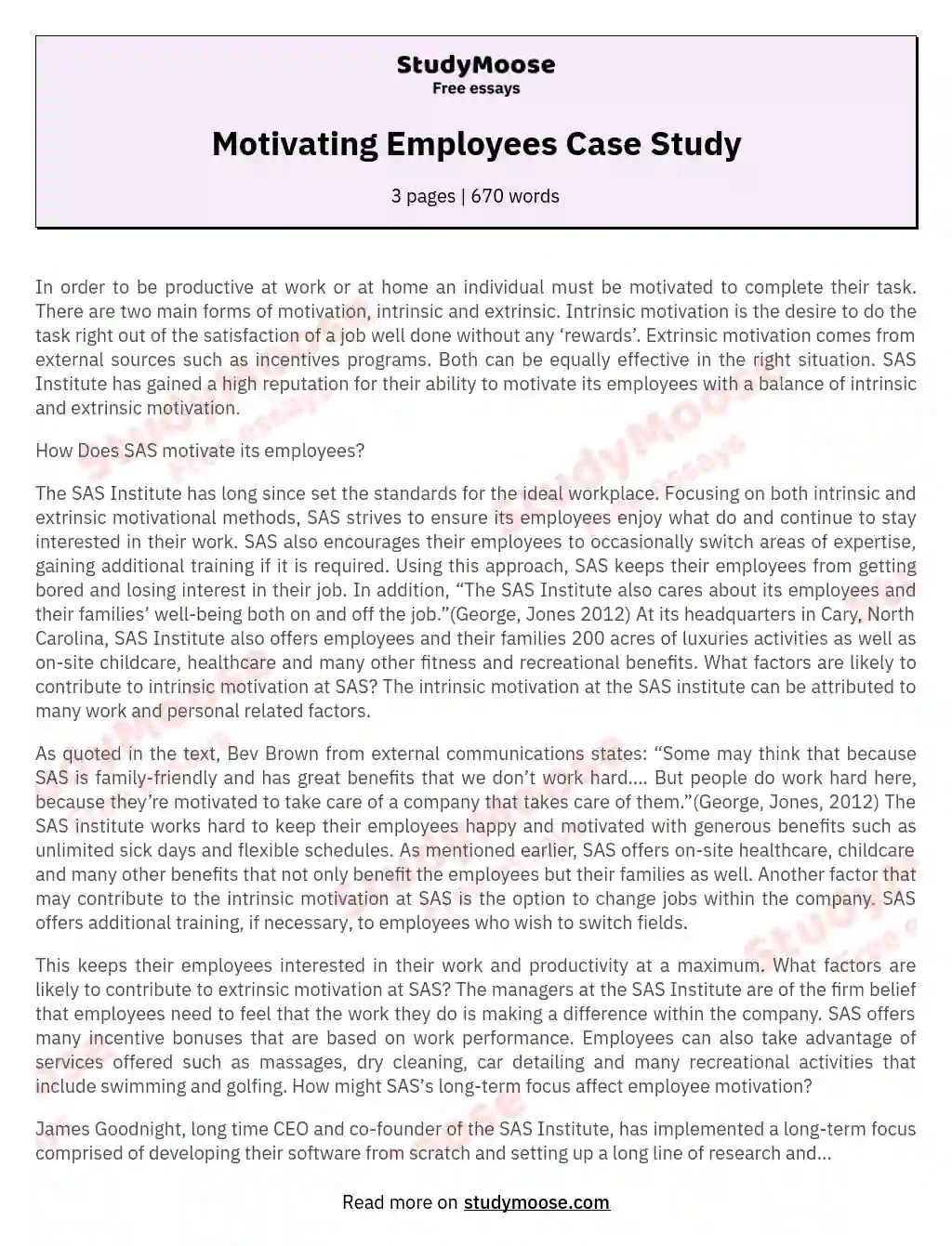 Motivating Employees Case Study Free Essay Example