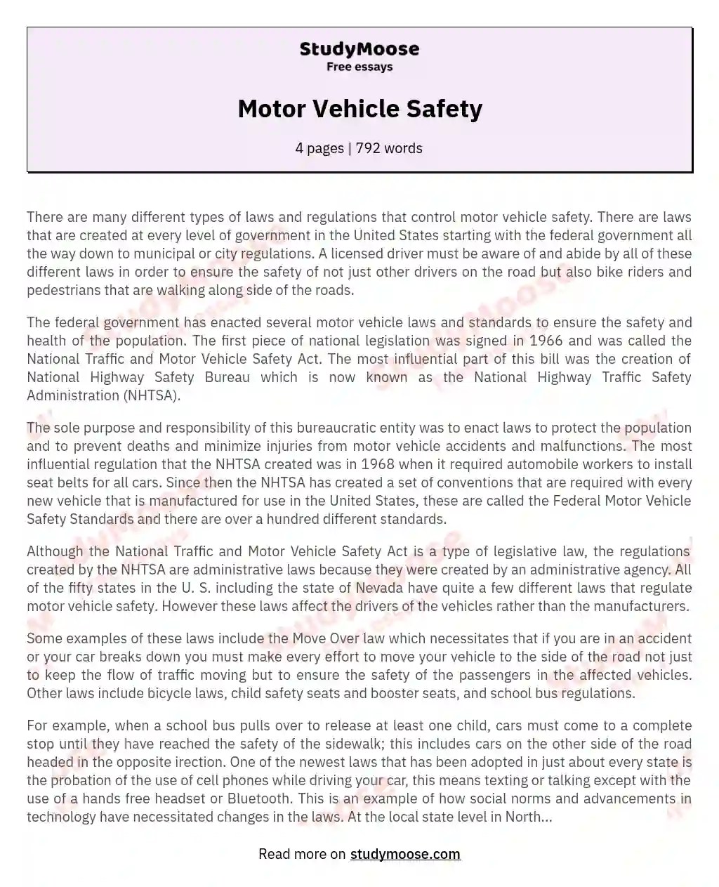 Motor Vehicle Safety Free Essay Example