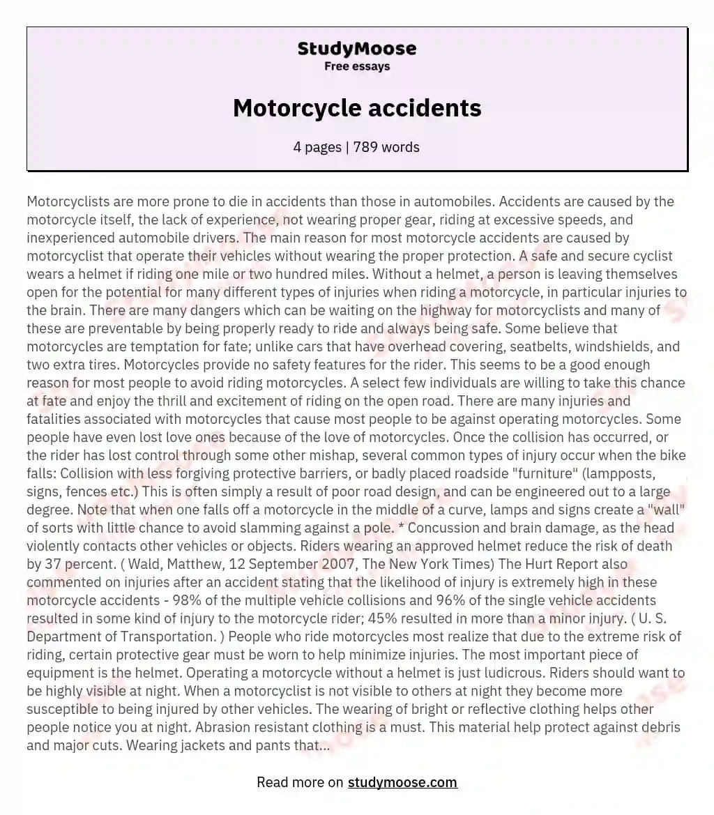 Motorcycle accidents Free Essay Example