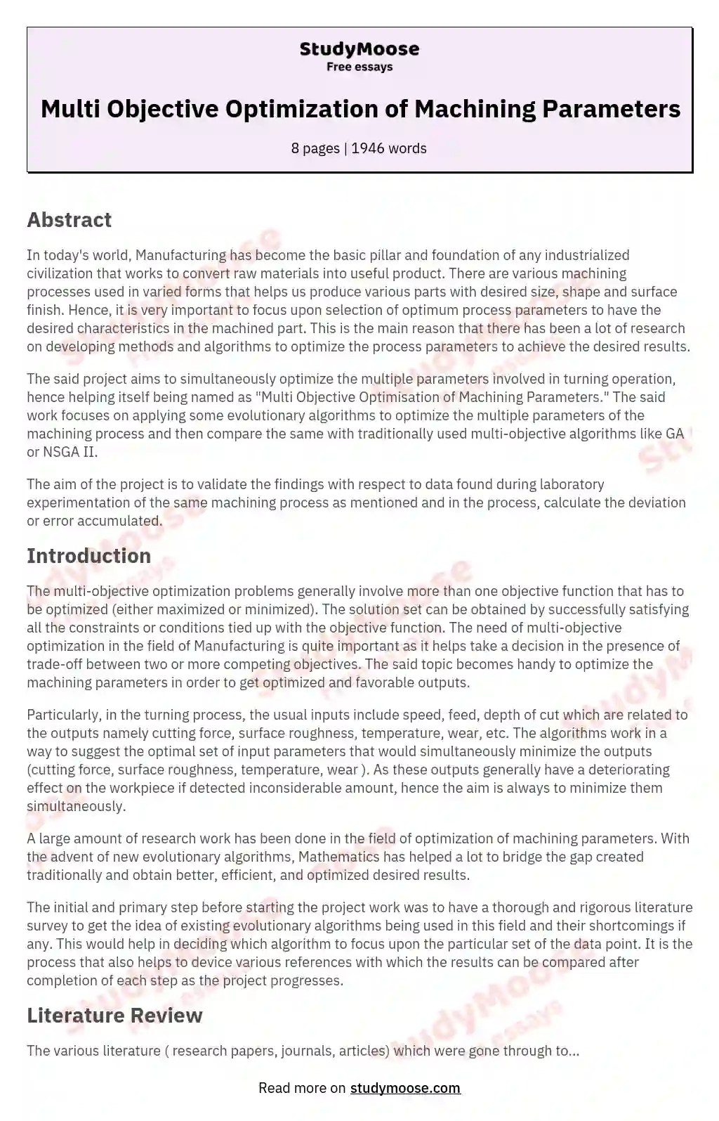 Multi Objective Optimization of Machining Parameters Free Essay Example