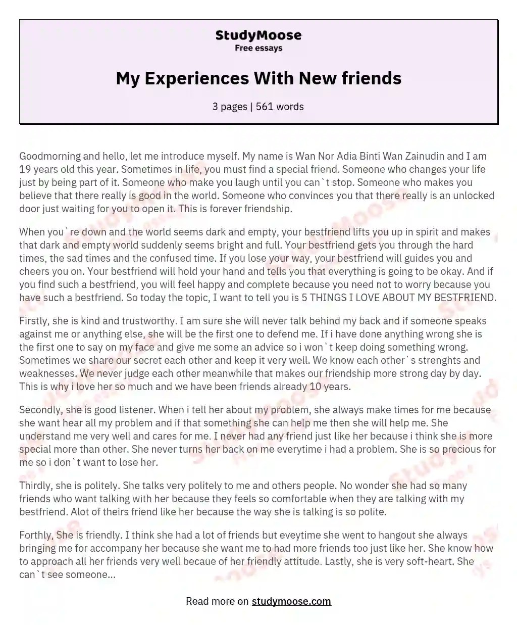 My Experiences With New friends Free Essay Example