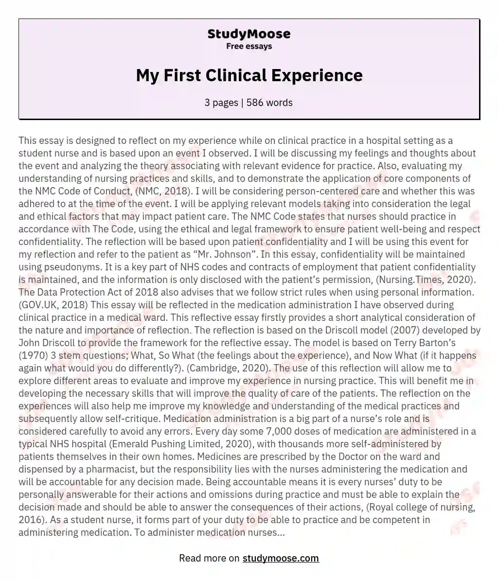 My First Clinical Experience Free Essay Example