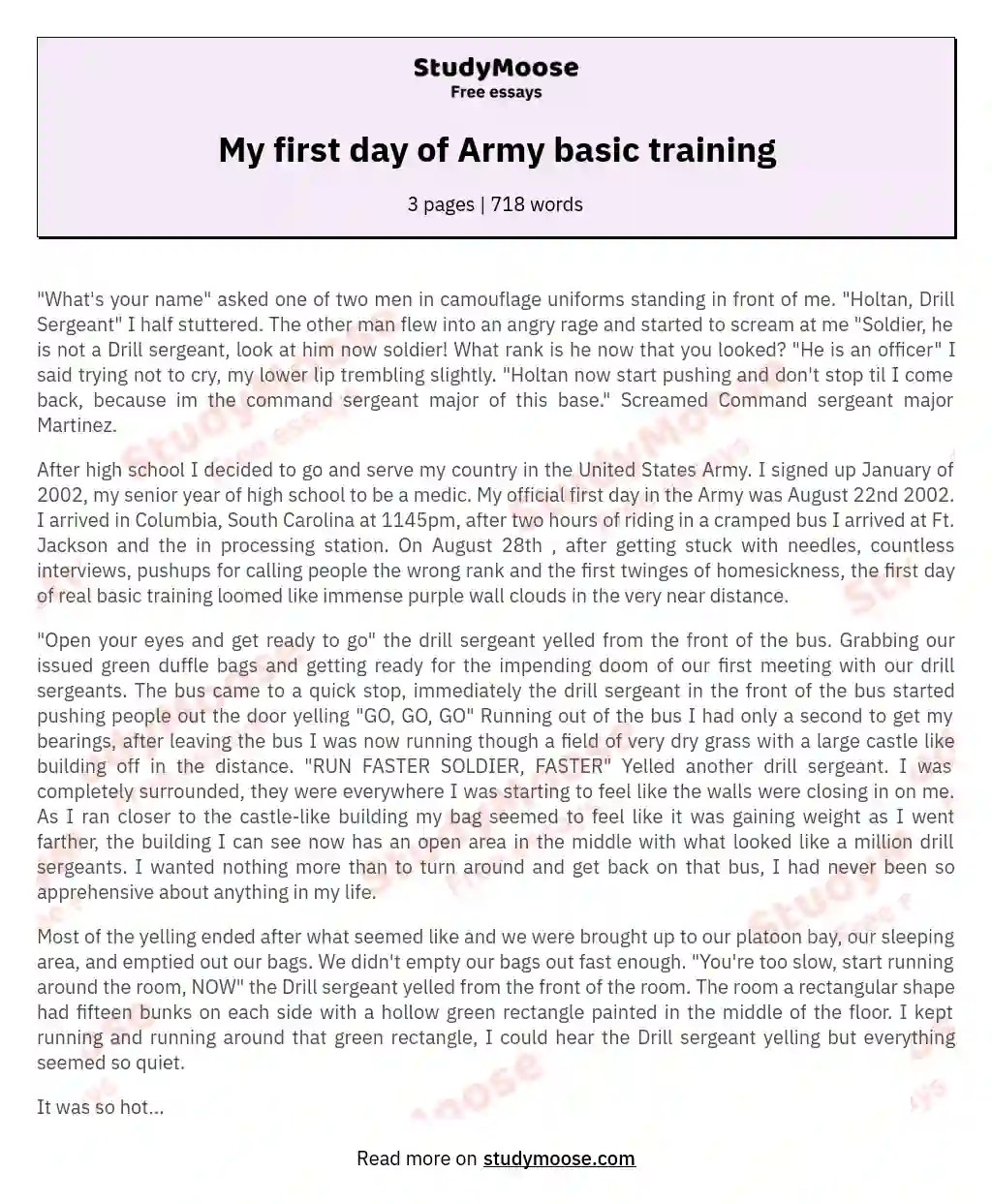 My first day of Army basic training Free Essay Example