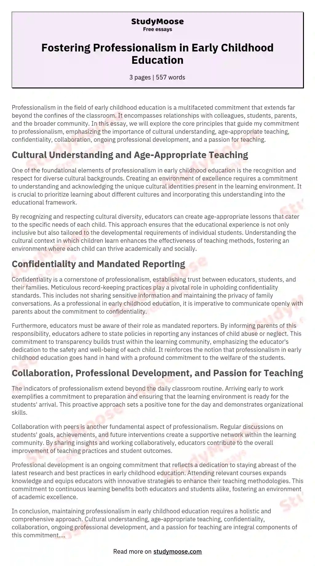 Fostering Professionalism in Early Childhood Education Free Essay Example