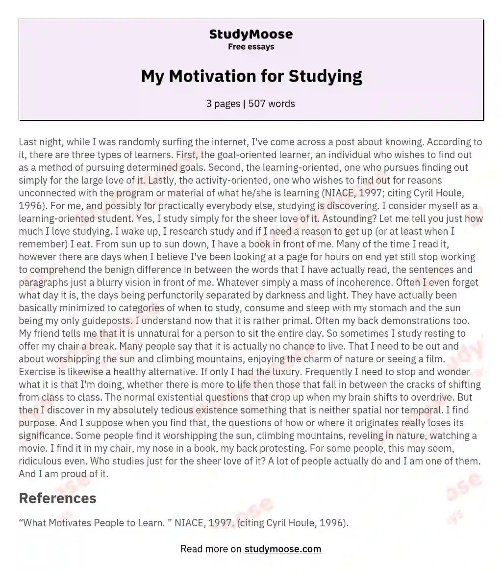 My Motivation for Studying Free Essay Example