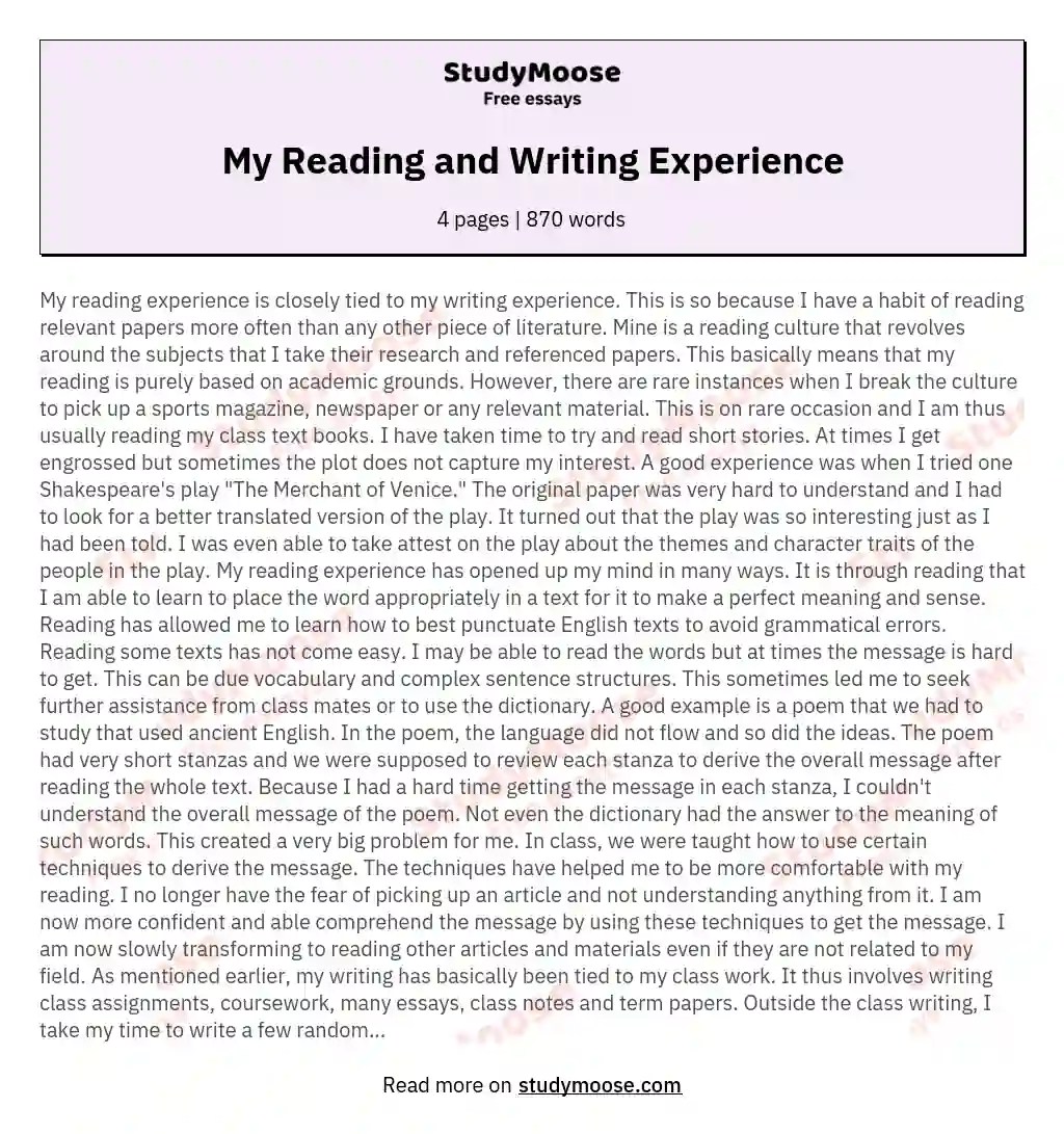 My Reading and Writing Experience Free Essay Example