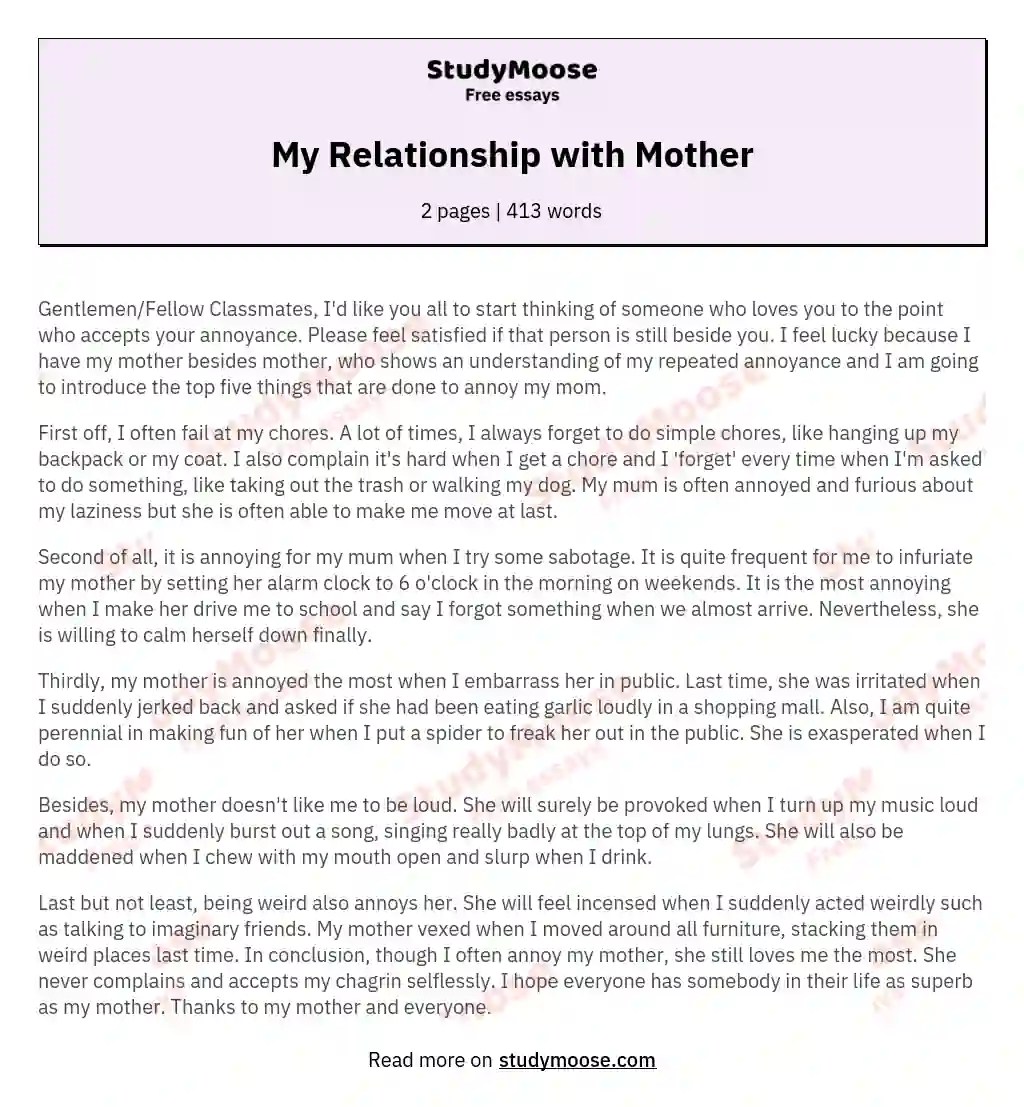 My Relationship with Mother Free Essay Example