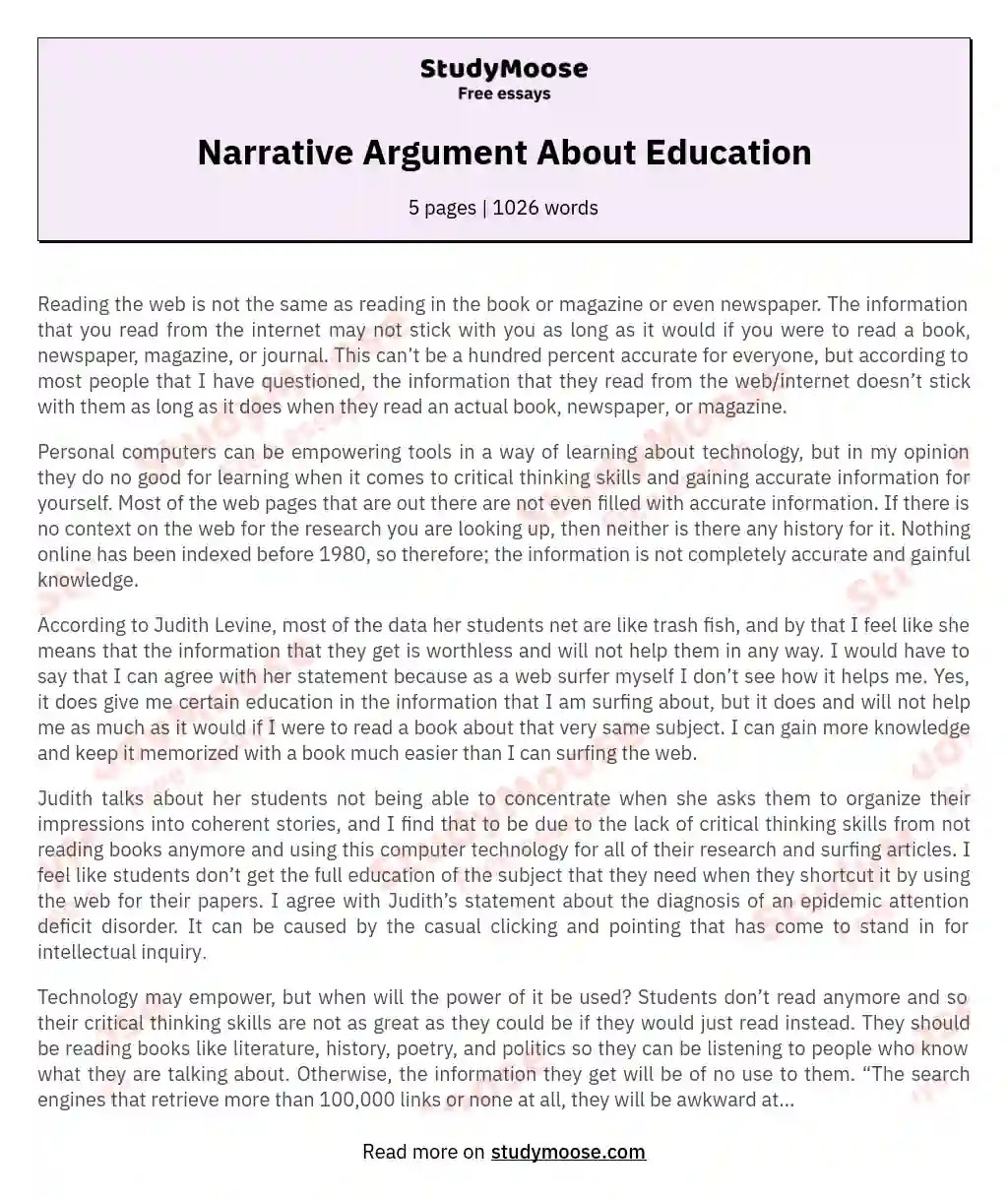 Narrative Argument About Education Free Essay Example