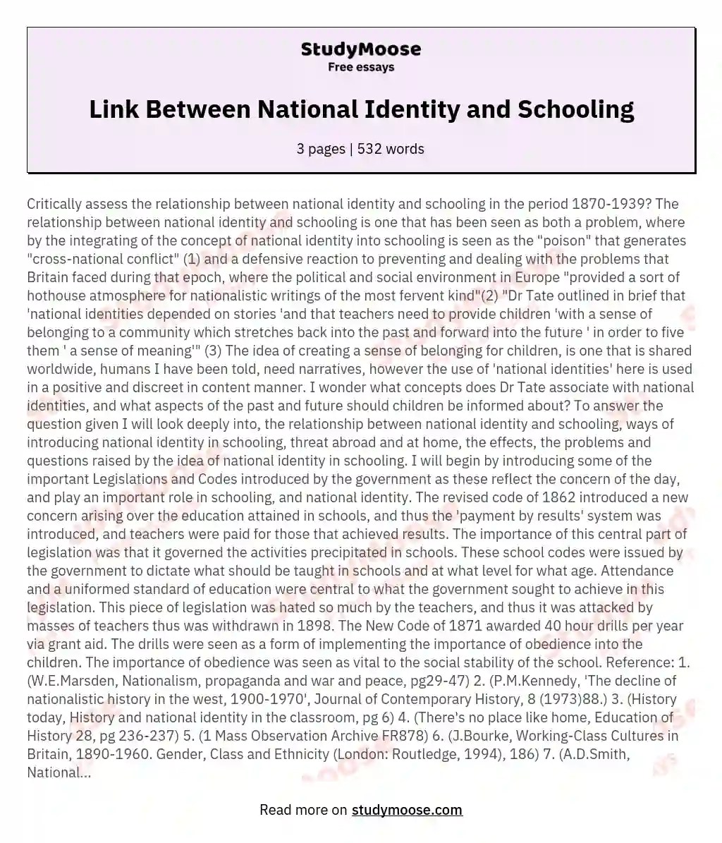 Link Between National Identity and Schooling Free Essay Example
