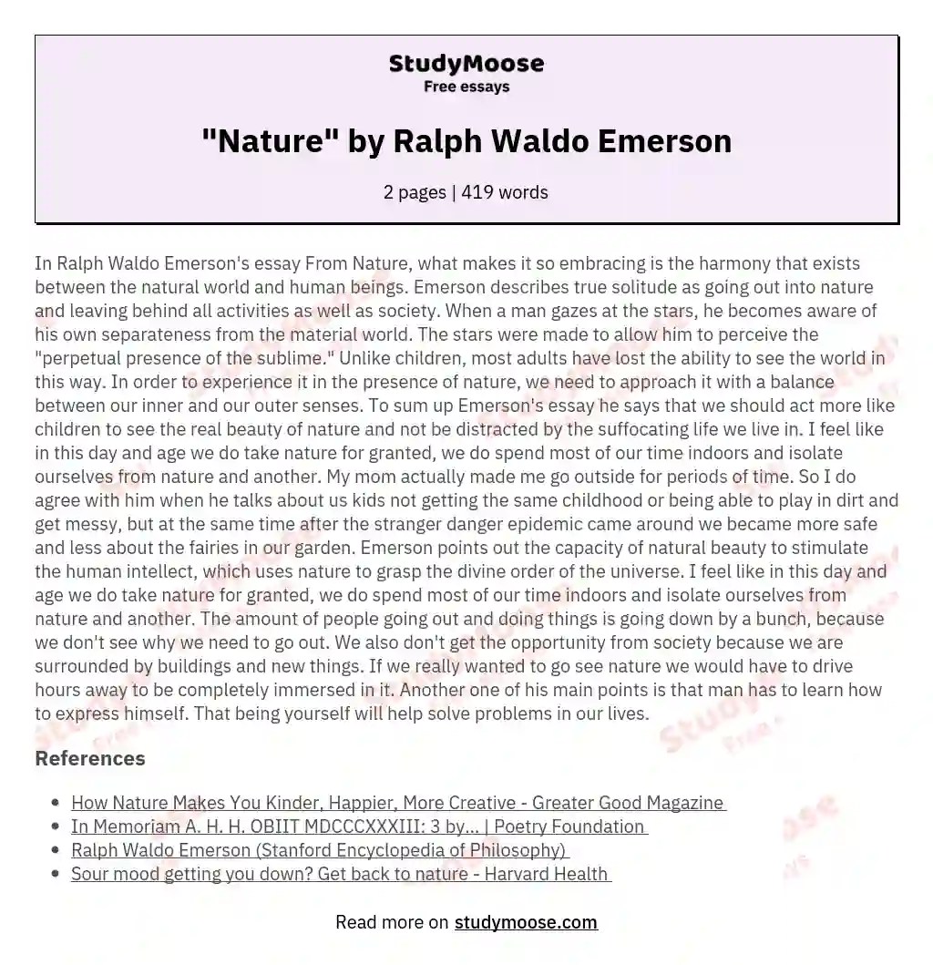 "Nature" by Ralph Waldo Emerson Free Essay Example
