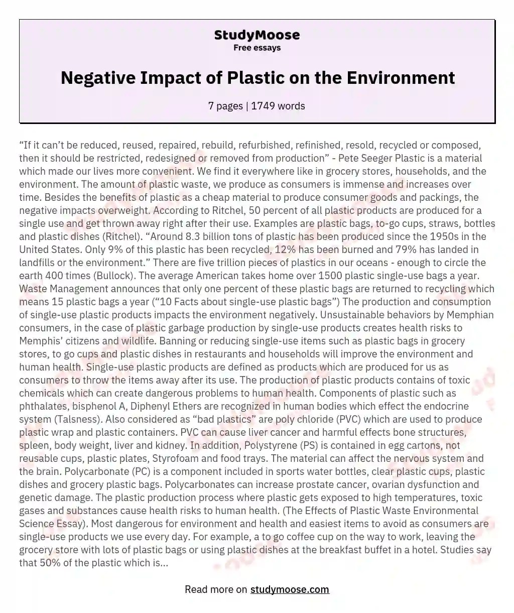 Negative Impact of Plastic on the Environment Free Essay Example