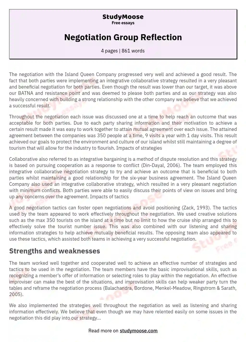 Negotiation Group Reflection Free Essay Example