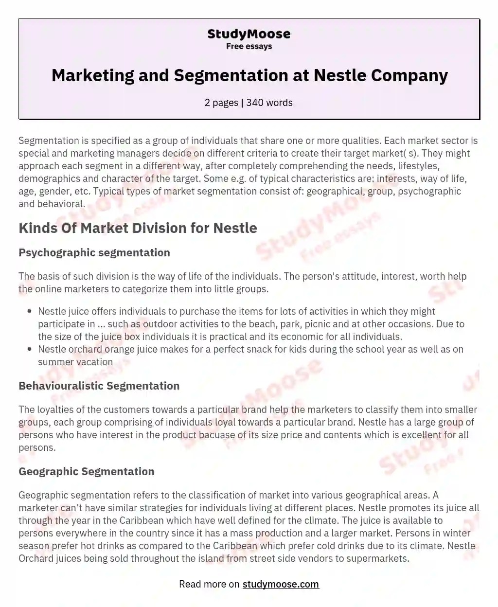 Marketing and Segmentation at Nestle Company Free Essay Example