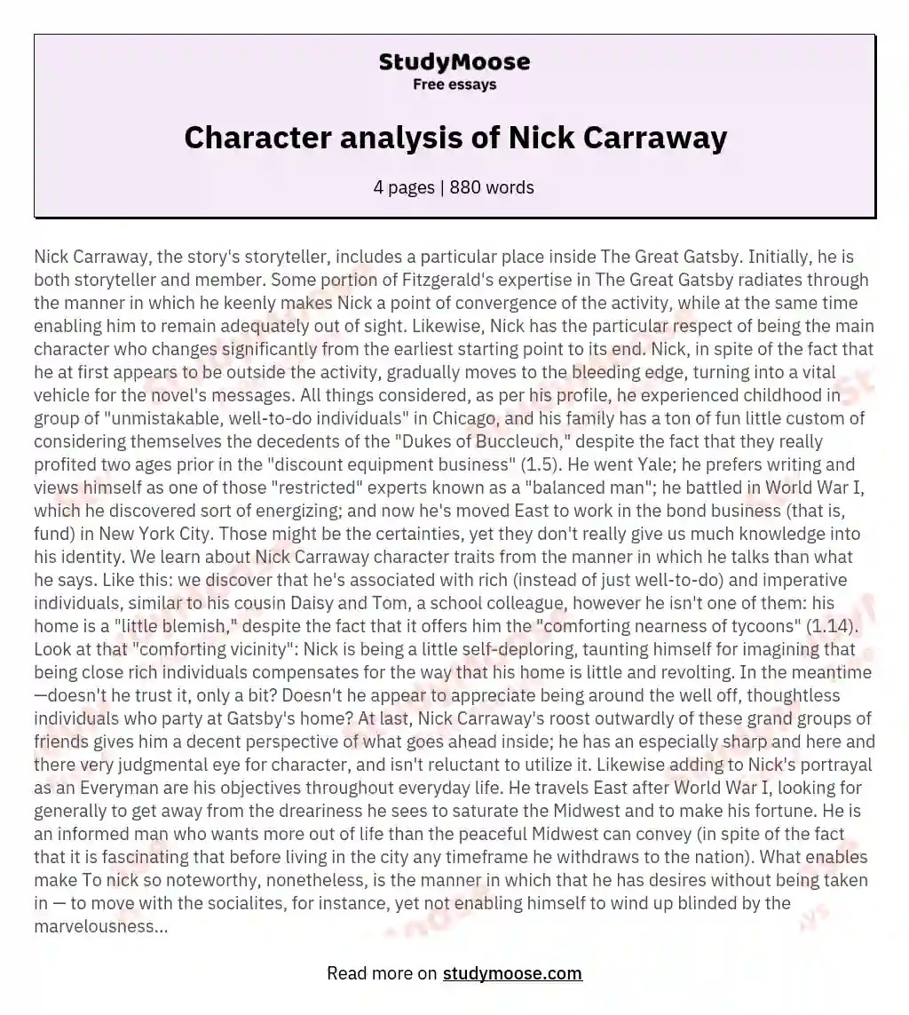 Character analysis of Nick Carraway Free Essay Example