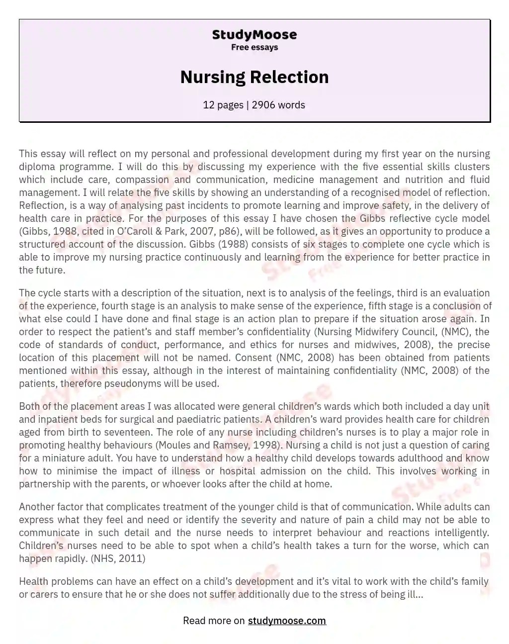 Nursing Relection Free Essay Example