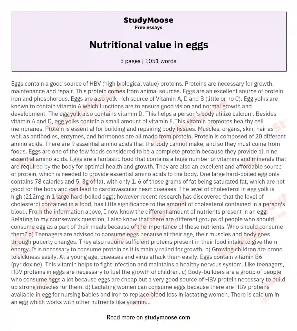 Nutritional value in eggs Free Essay Example