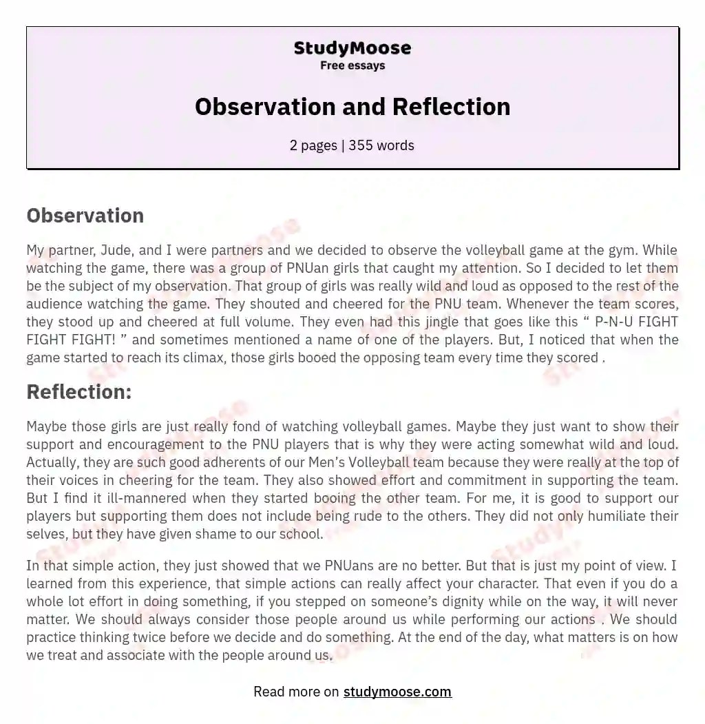 Observation and Reflection Free Essay Example
