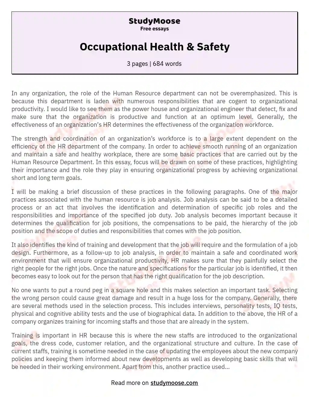 Occupational Health & Safety Free Essay Example