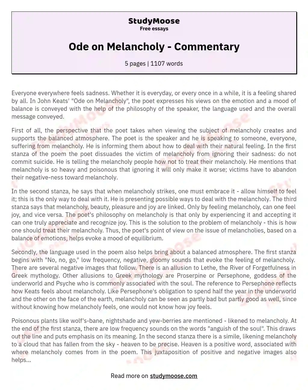 Ode on Melancholy Commentary Free Essay Example