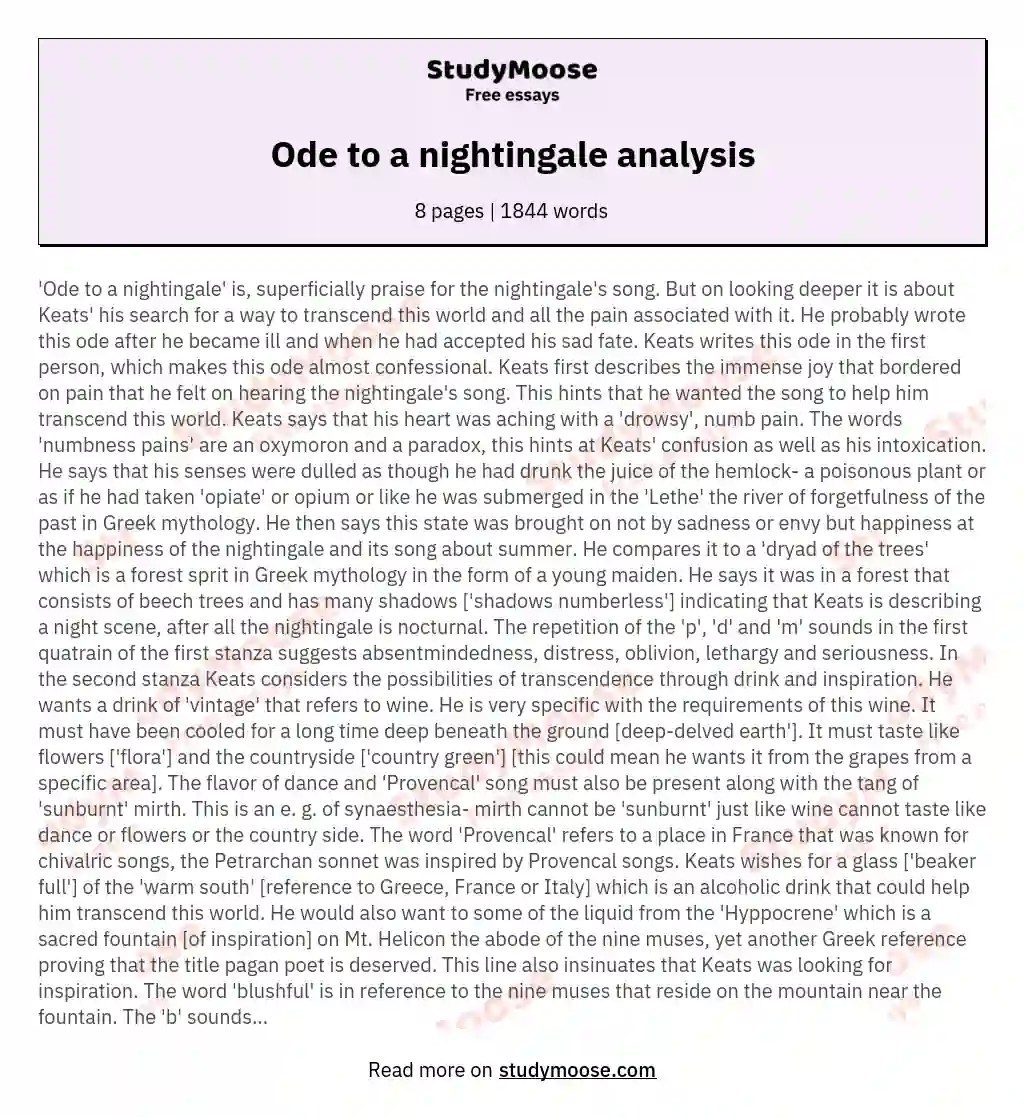 Ode to a nightingale analysis Free Essay Example