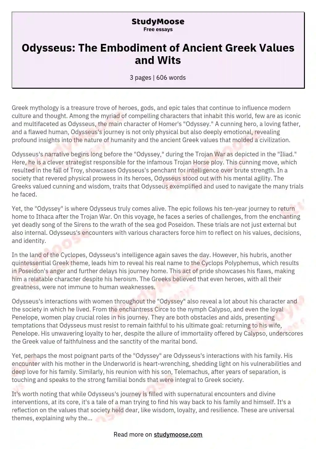 Odysseus The Embodiment of Ancient Greek Values and Wits Free Essay