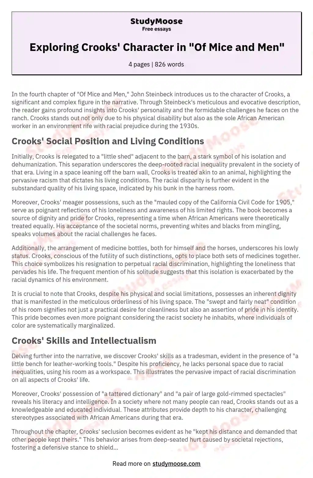 Exploring Crooks' Character in "Of Mice and Men" Free Essay Example