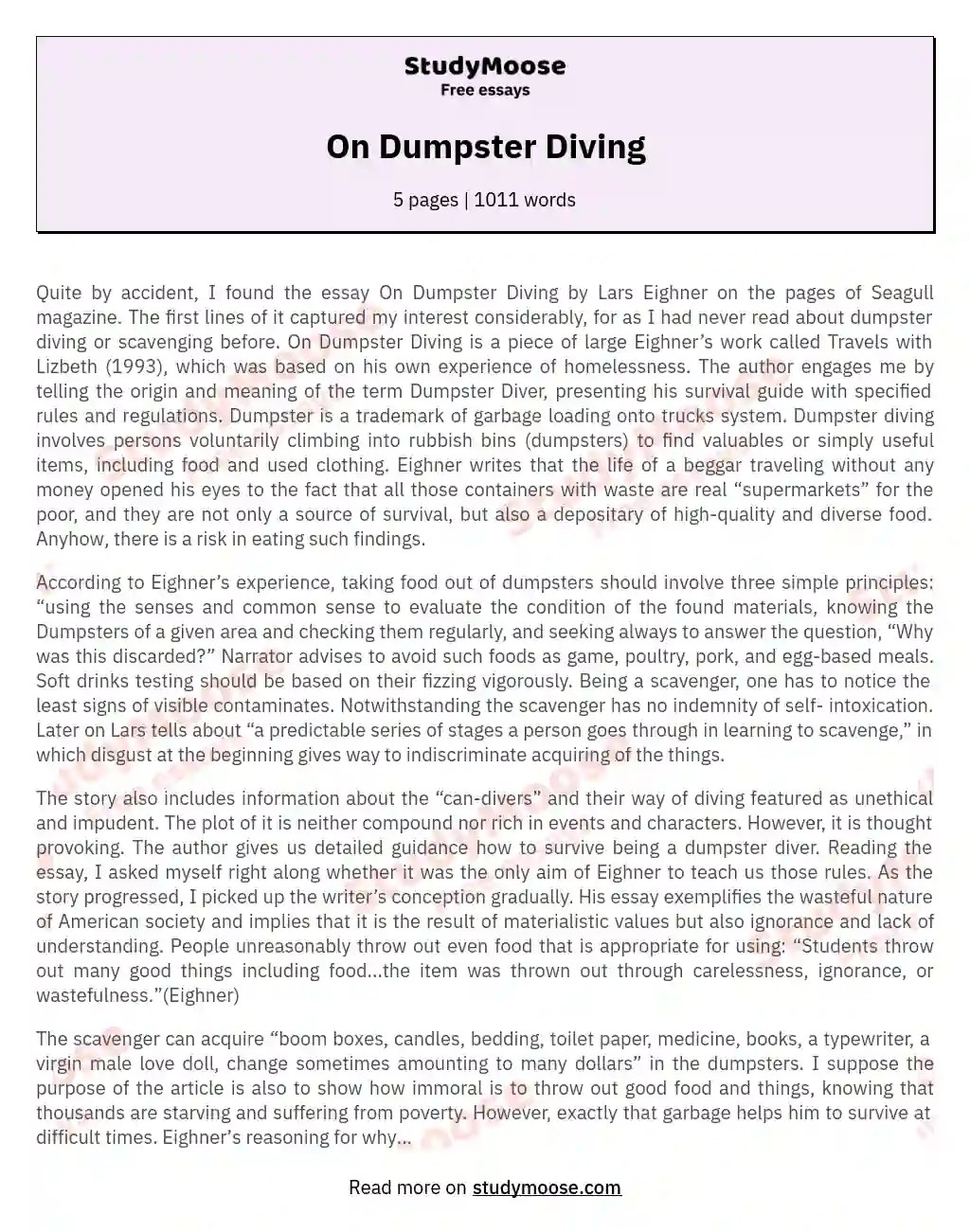 On Dumpster Diving Free Essay Example