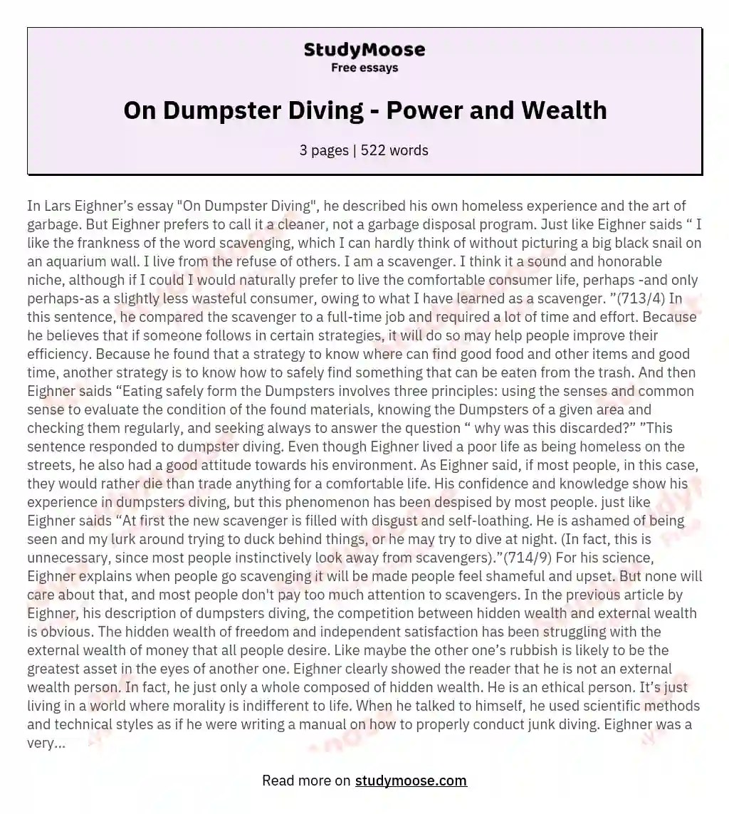 On Dumpster Diving Power and Wealth Free Essay Example