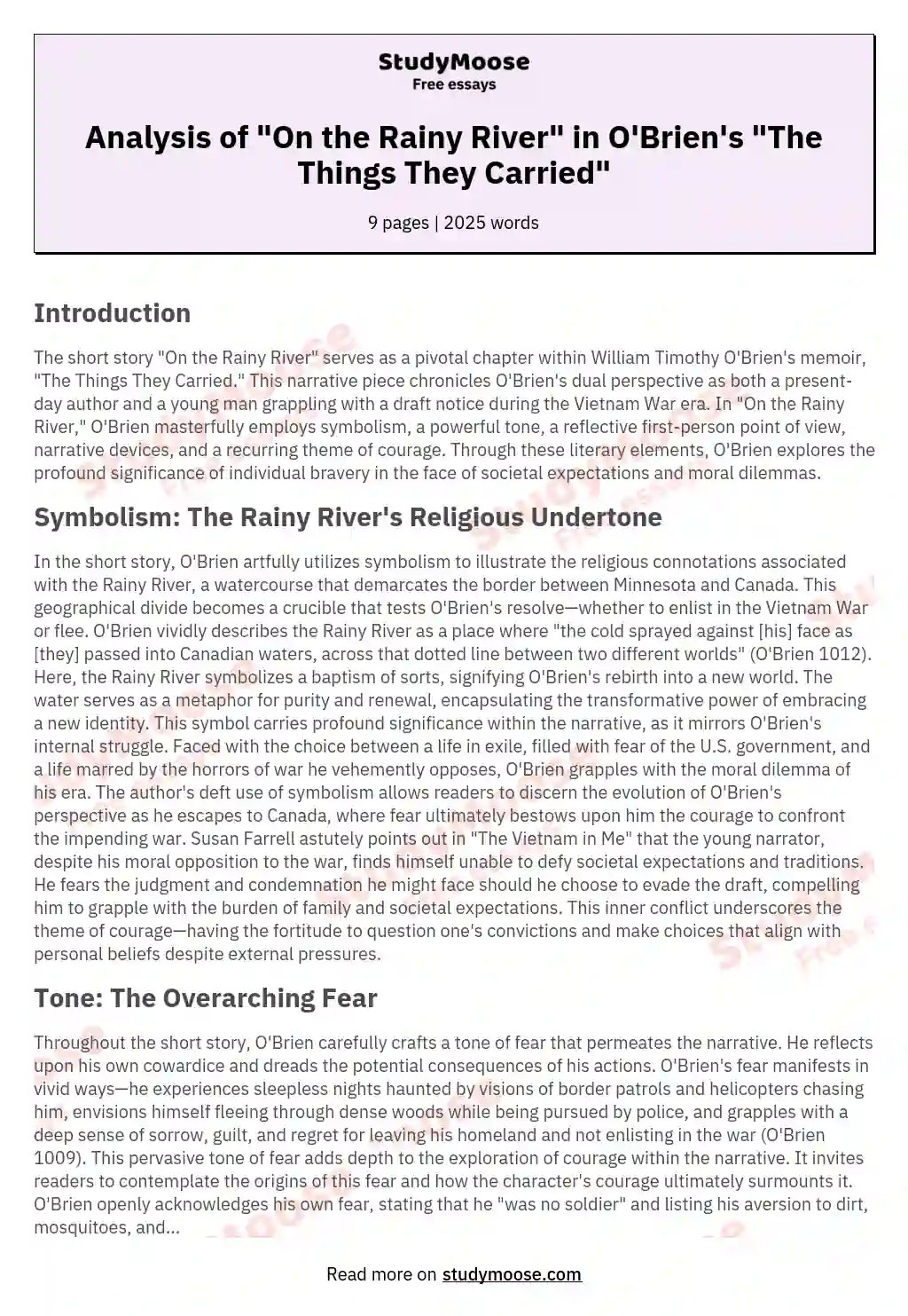 Analysis of "On the Rainy River" in O'Brien's "The Things They Carried