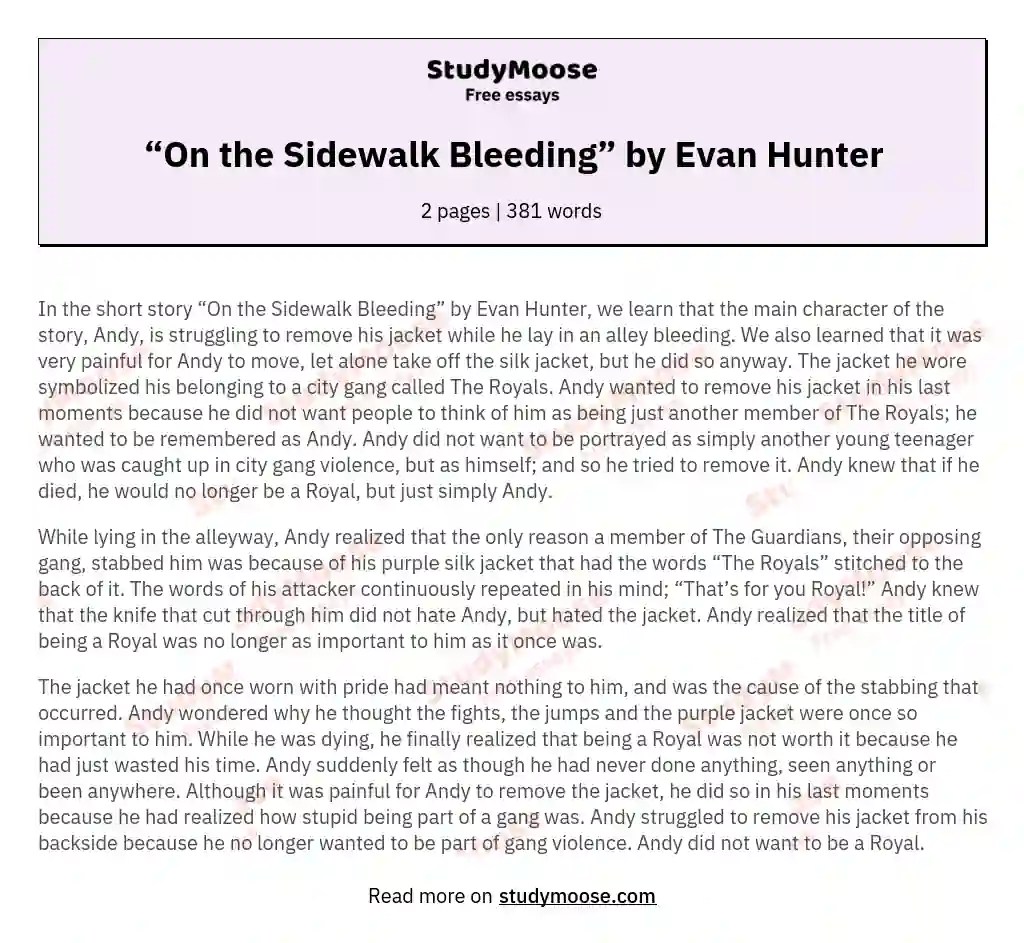 “On the Sidewalk Bleeding” by Evan Hunter Free Essay Example