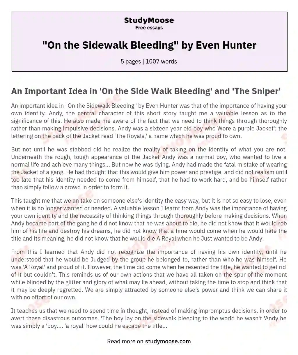 "On the Sidewalk Bleeding" by Even Hunter Free Essay Example
