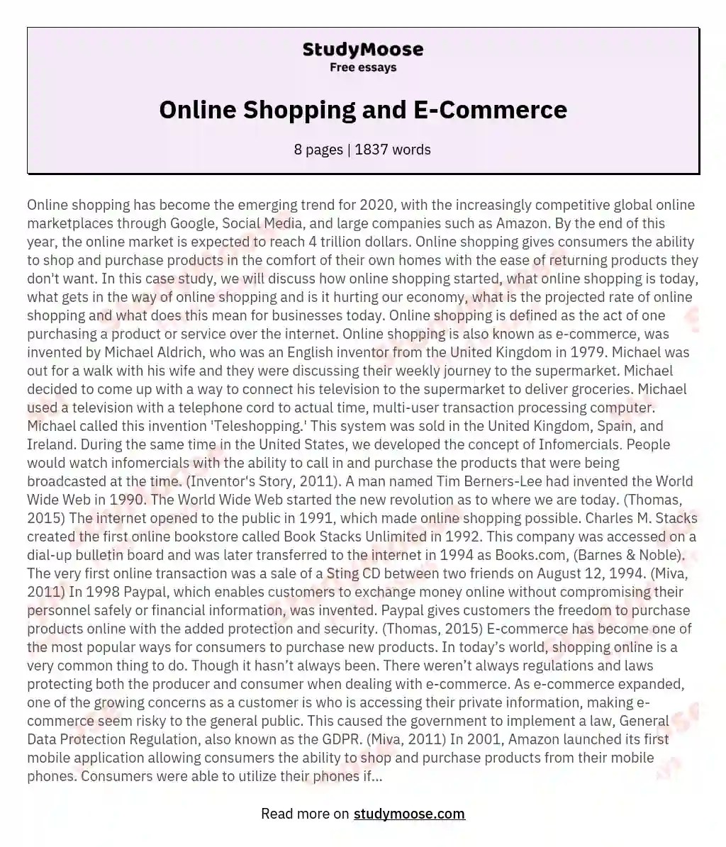 Online Shopping and Free Essay Example