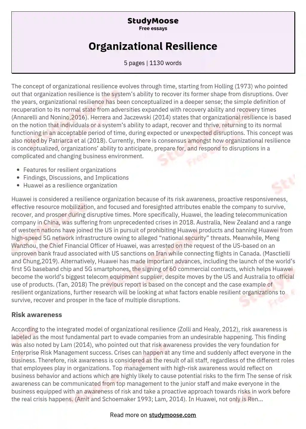 Organizational Resilience Free Essay Example