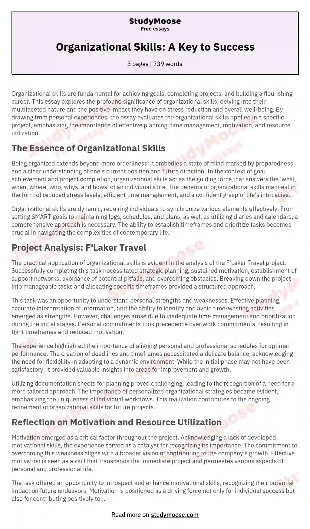 Organizational Skills A Key to Success Free Essay Example