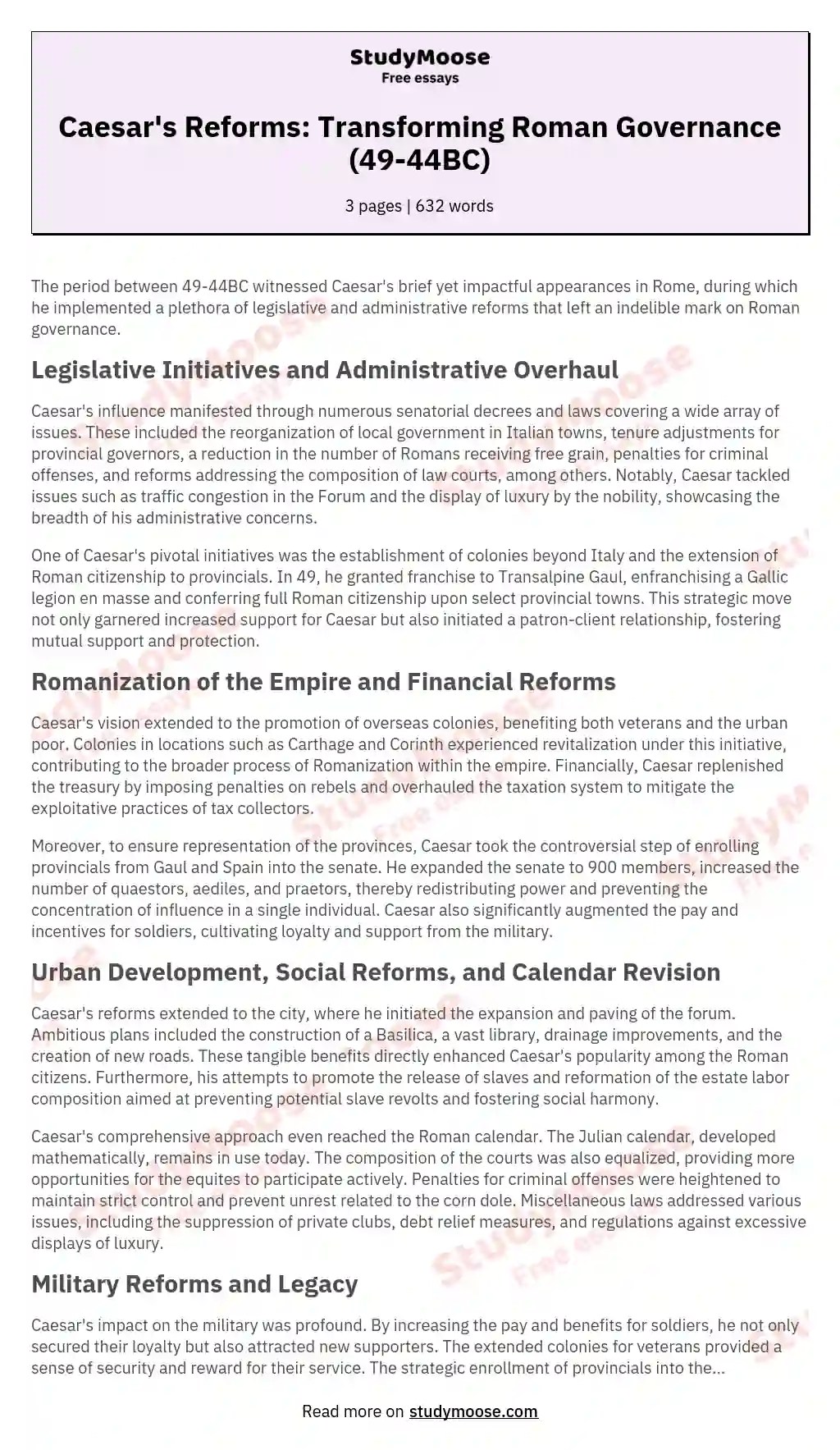 Caesar's Reforms Transforming Roman Governance (4944BC) Free Essay Example