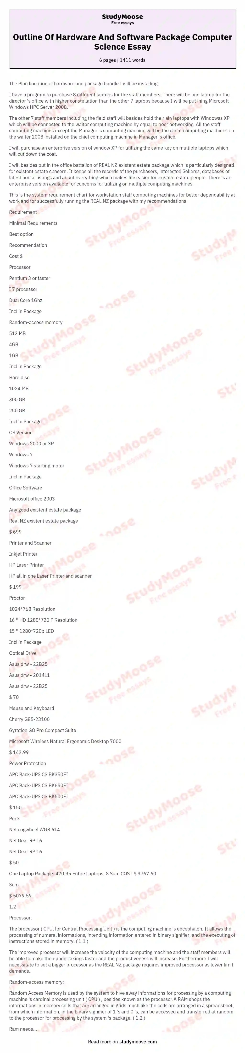 Outline Of Hardware And Software Package Computer Science Essay Free