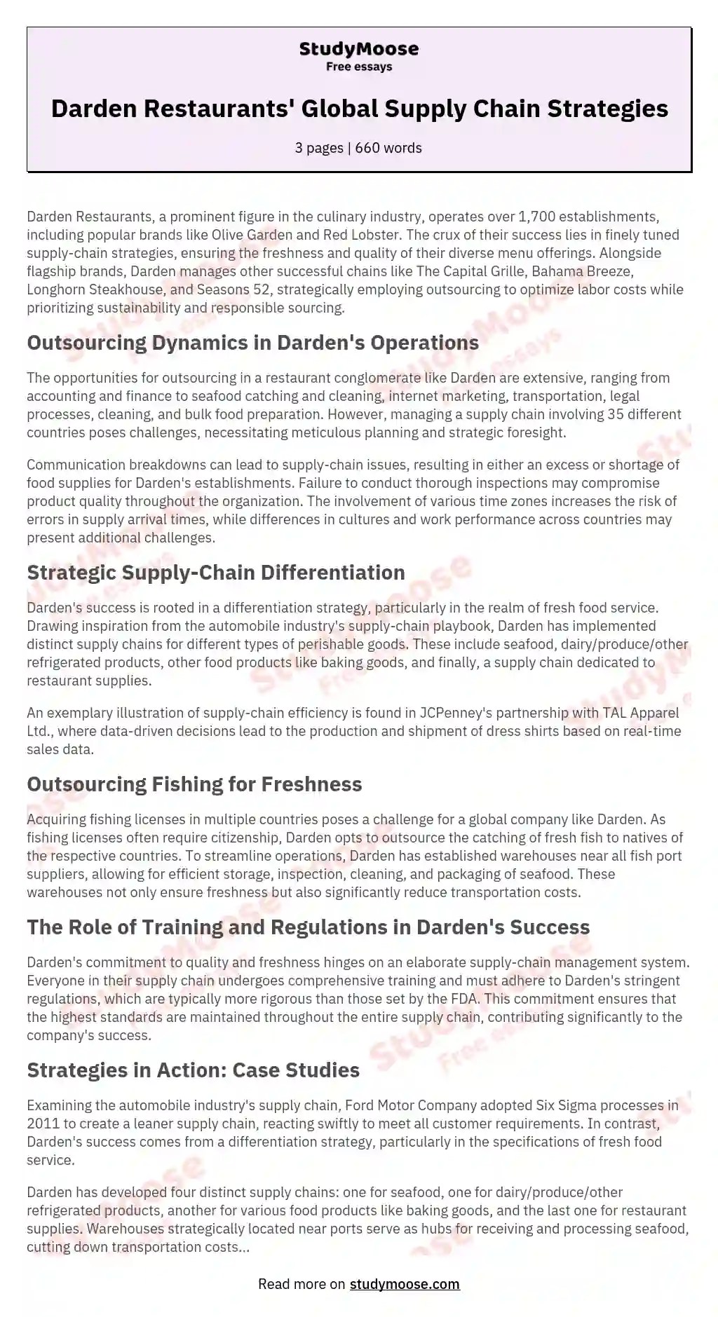 Darden Restaurants' Global Supply Chain Strategies Free Essay Example