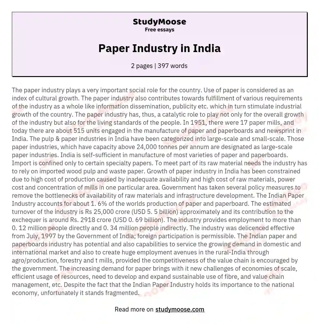 Paper Industry in India Free Essay Example