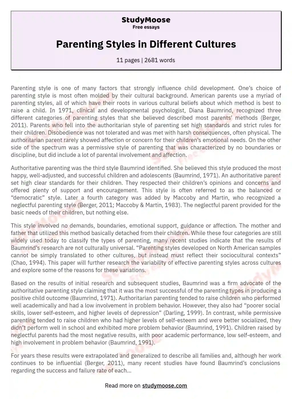 Parenting Styles in Different Cultures Free Essay Example