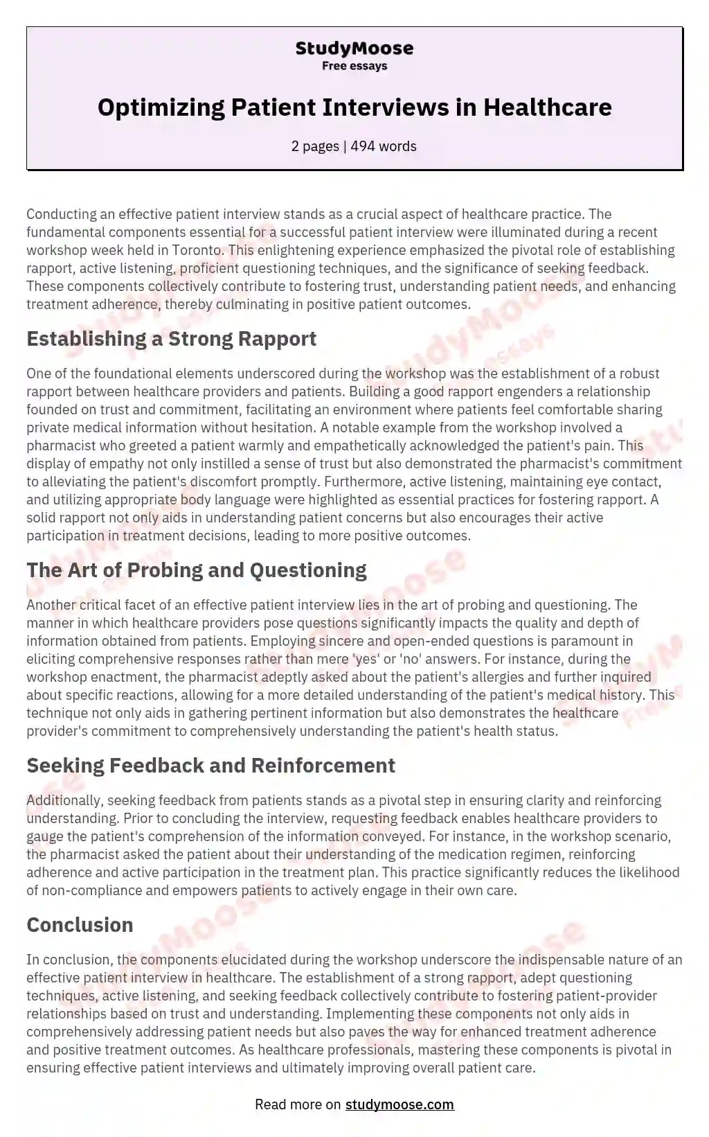 Optimizing Patient Interviews in Healthcare Free Essay Example