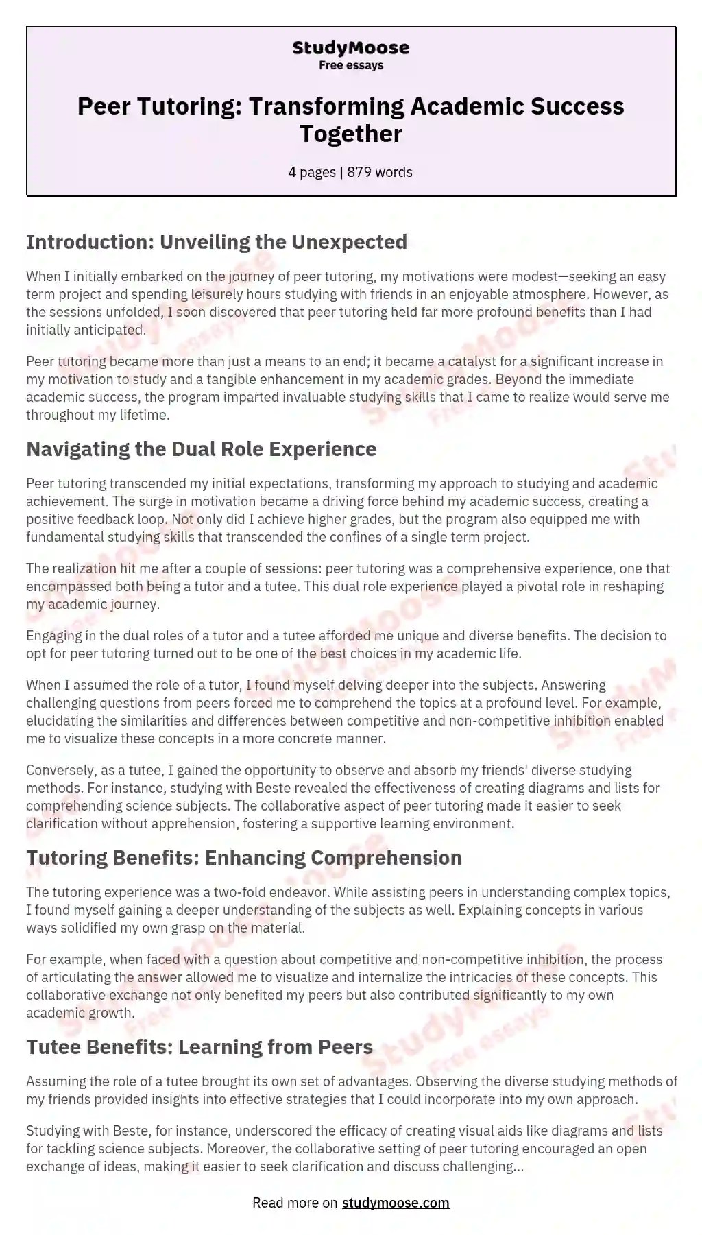 Peer Tutoring Transforming Academic Success Together Free Essay Example