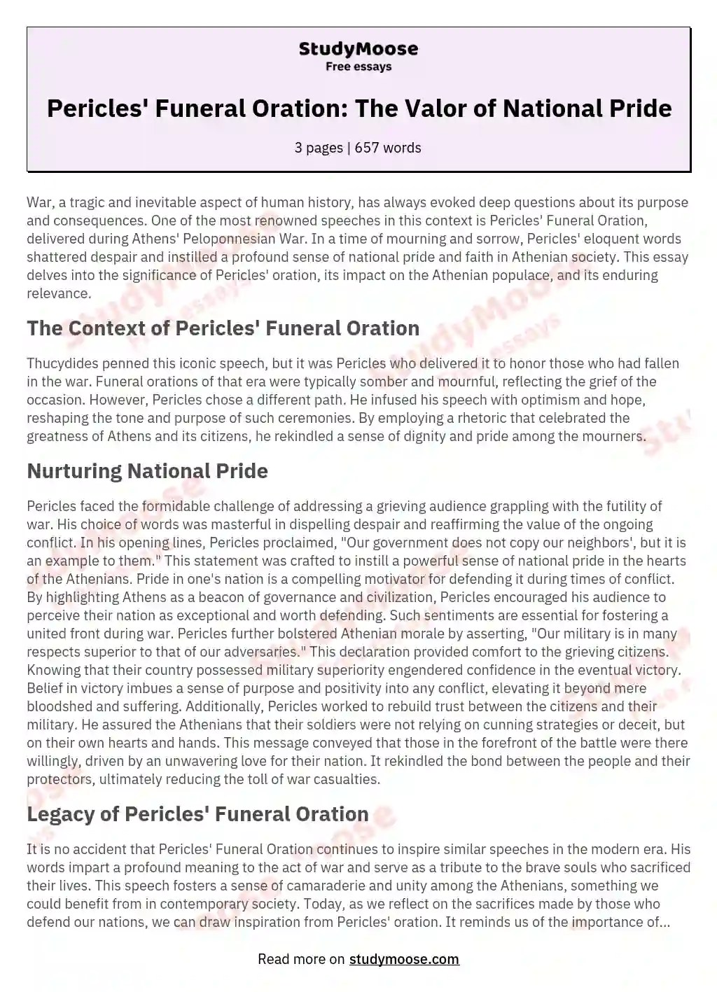 Pericles' Funeral Oration The Valor of National Pride Free Essay Example