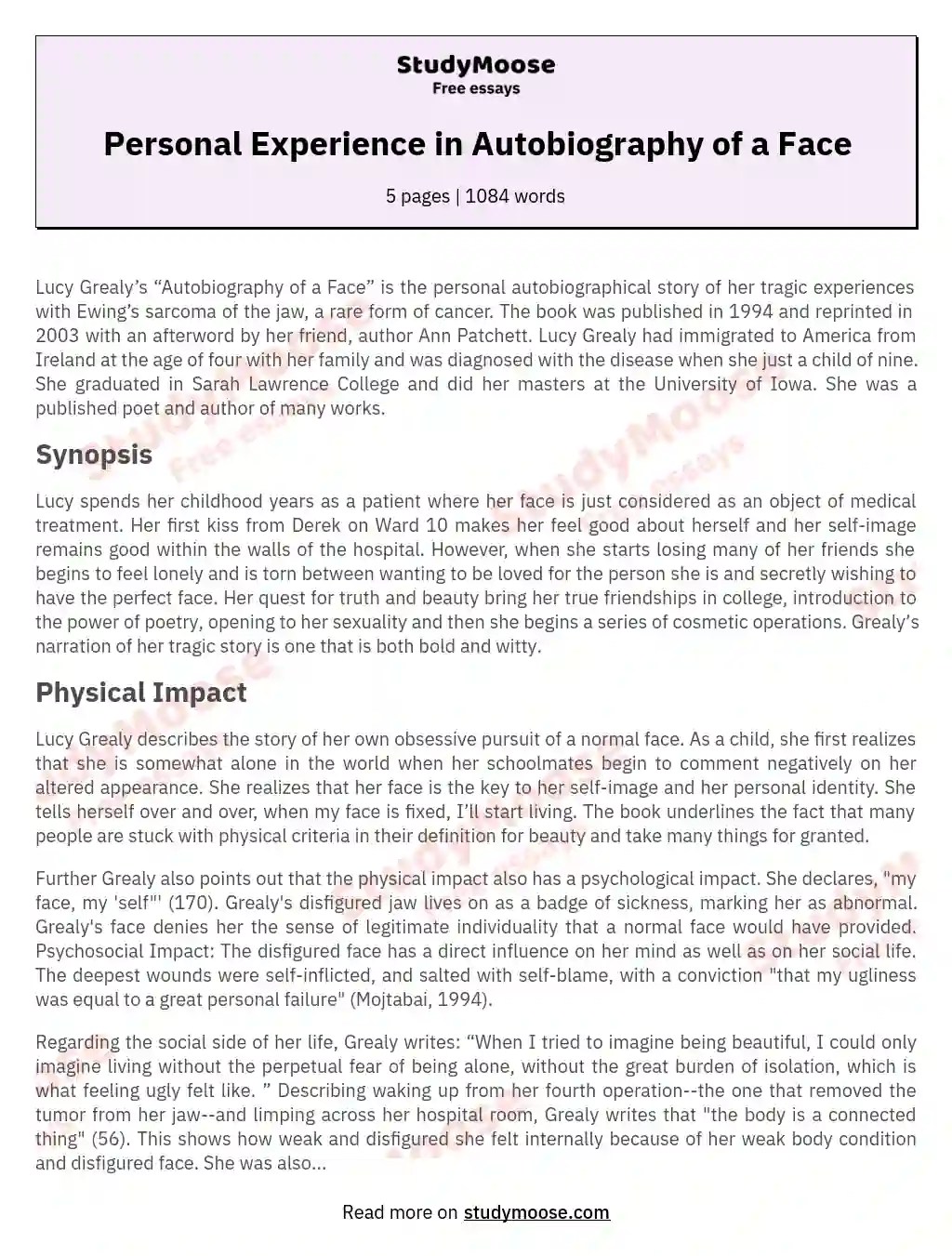 Personal Experience in Autobiography of a Face Free Essay Example