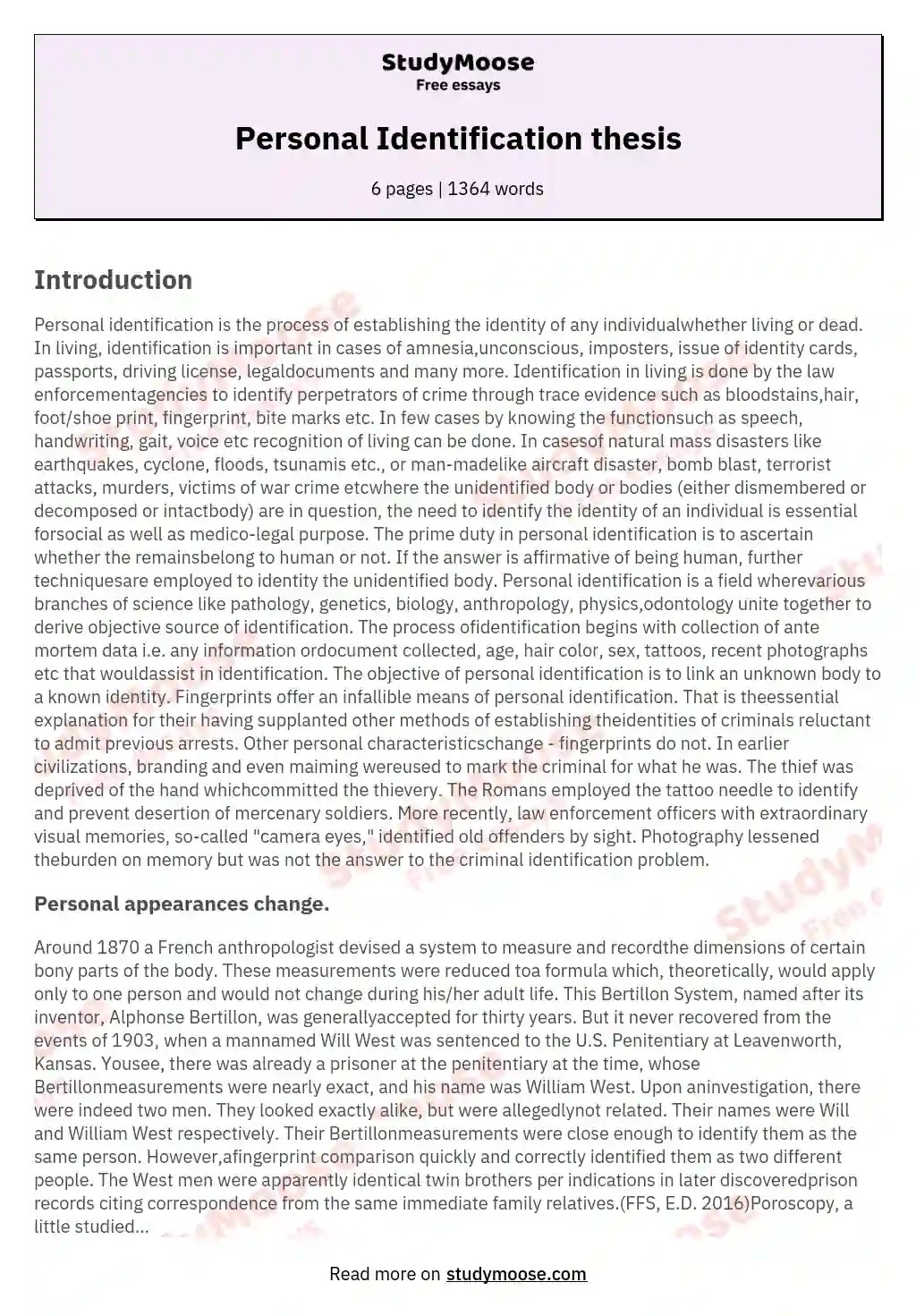 Personal Identification thesis Free Essay Example