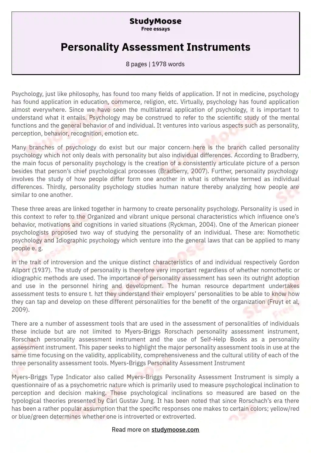 Personality Assessment Instruments Free Essay Example